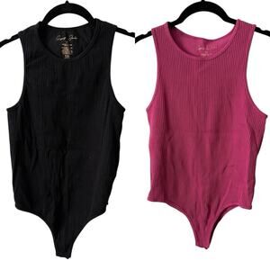 Gypsy + Jade Large XL Bodysuit Tank Top Ribbed Set of 2 Black Pink